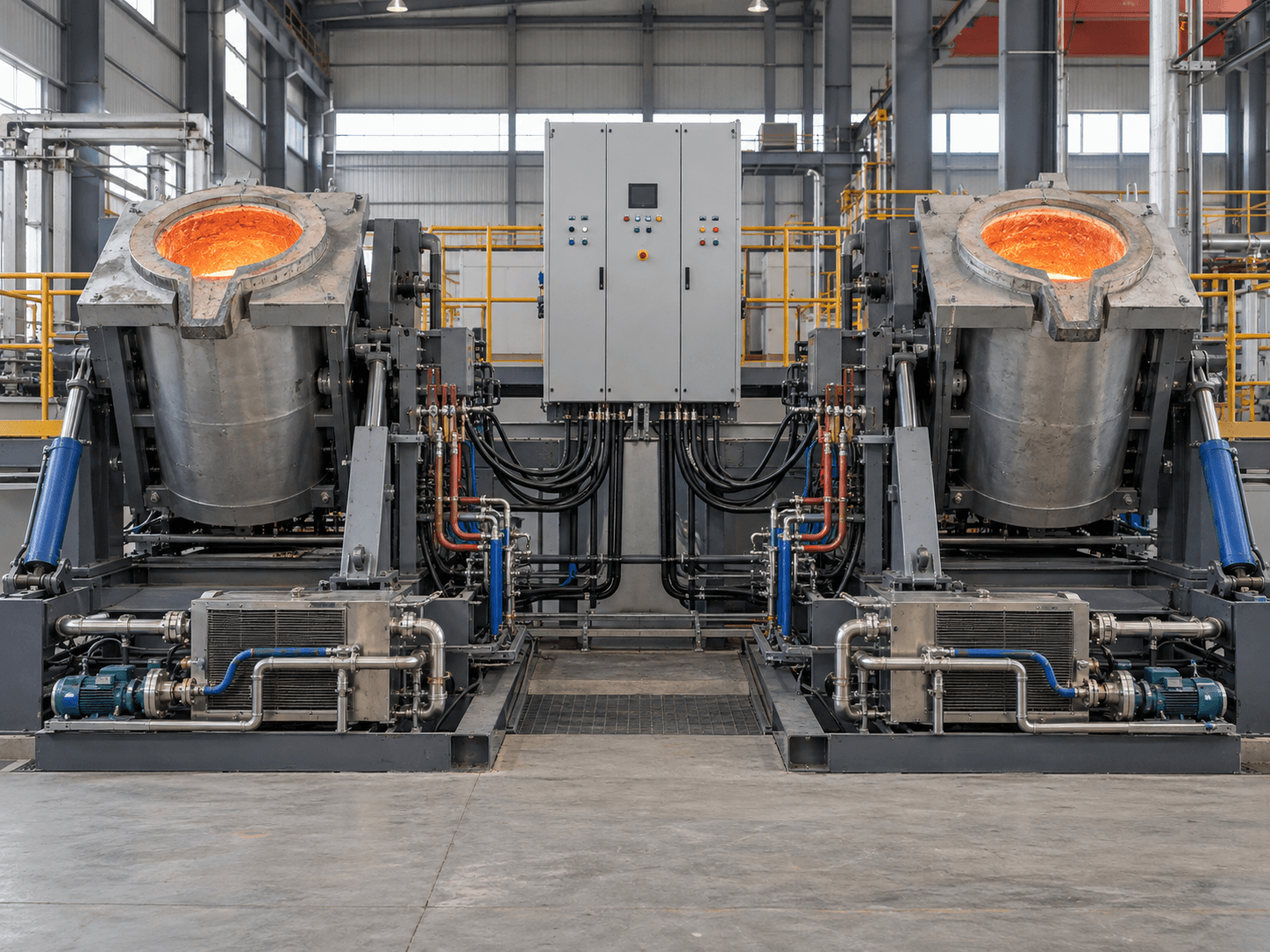 Representative dual-track induction melting furnace system with two furnace bodies