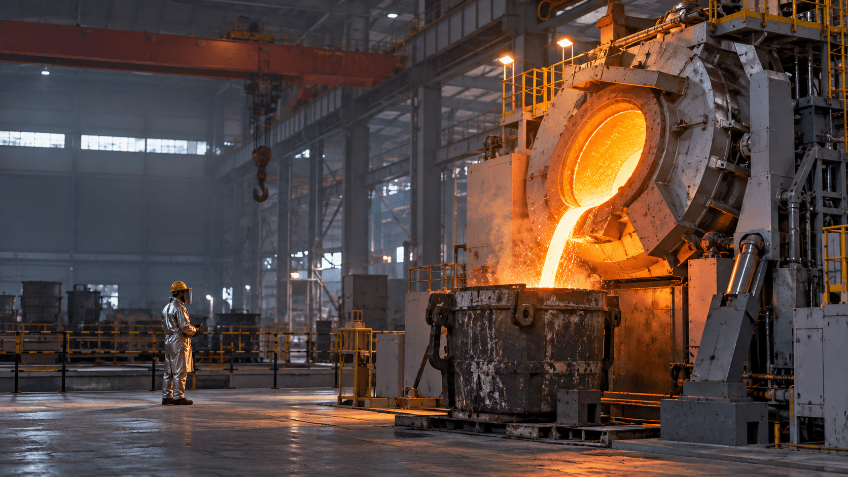 Representative steel shell induction melting furnace pouring molten steel